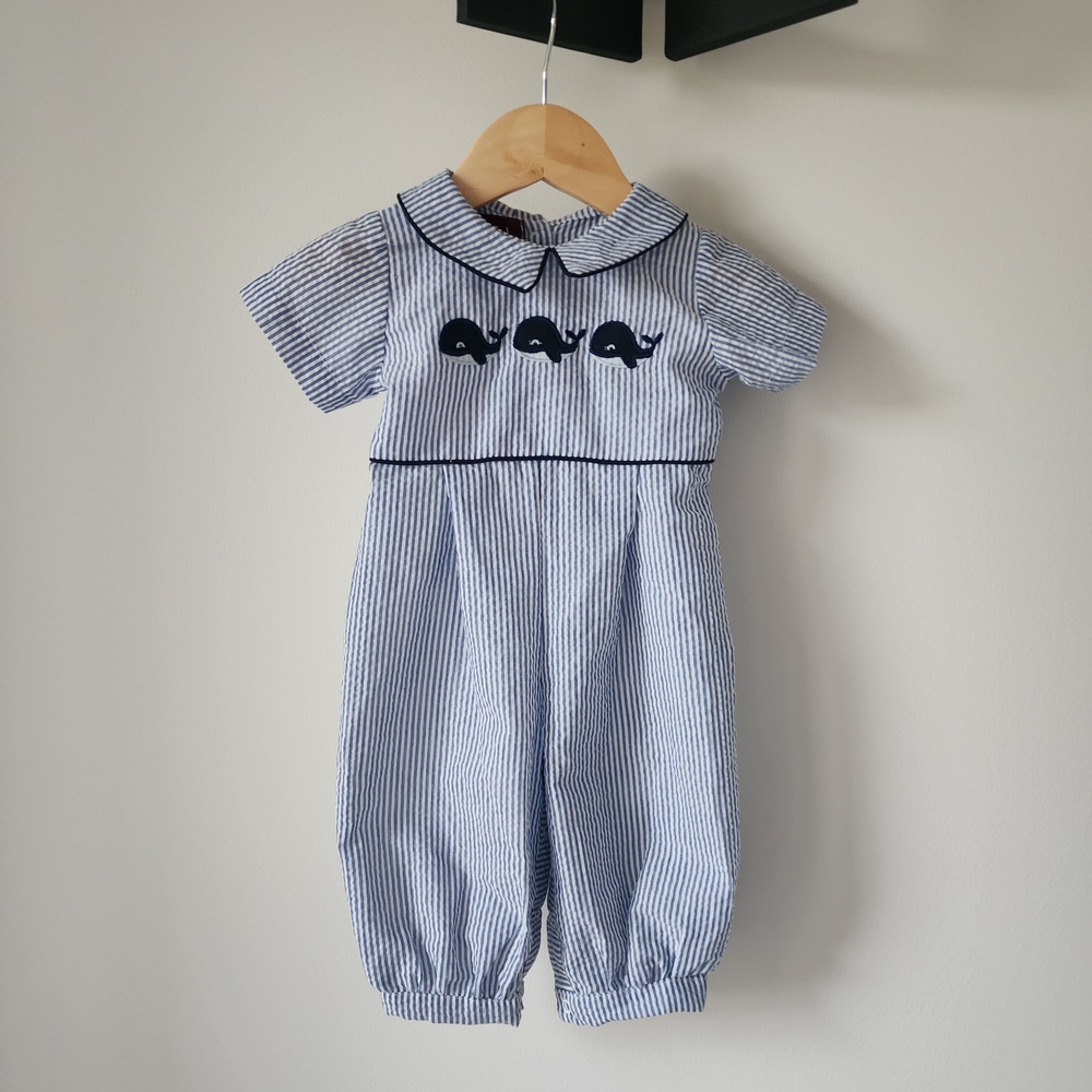 Lil Cactus | Striped Baby Romper with Whale Design | 6-12M